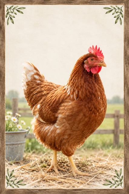 Chicken Jr. logo: a Rhode Island Red hen in a rustic wood frame
