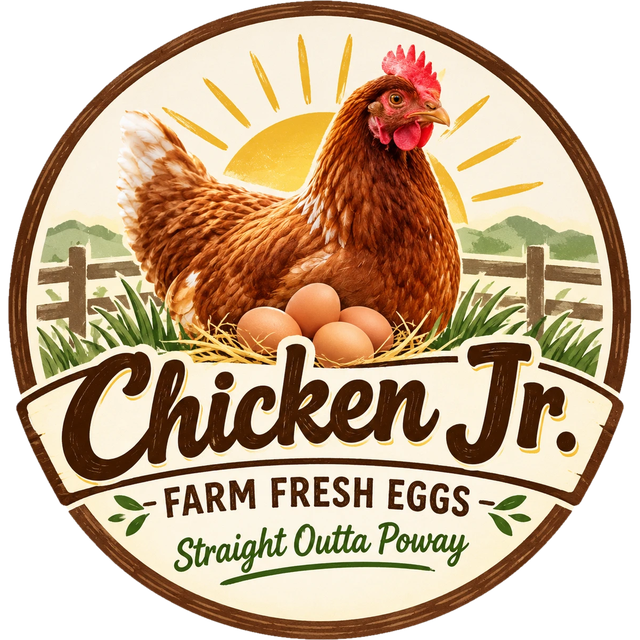 Chicken Jr. logo: a Rhode Island Red hen on a nest of eggs. Farm fresh eggs, straight outta Poway.